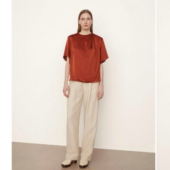 Vince Silk Flutter Sleeve Draped Neck Blouse Short Sleeve Rust Amber XS/ XXS NWT - Picture 2 of 13